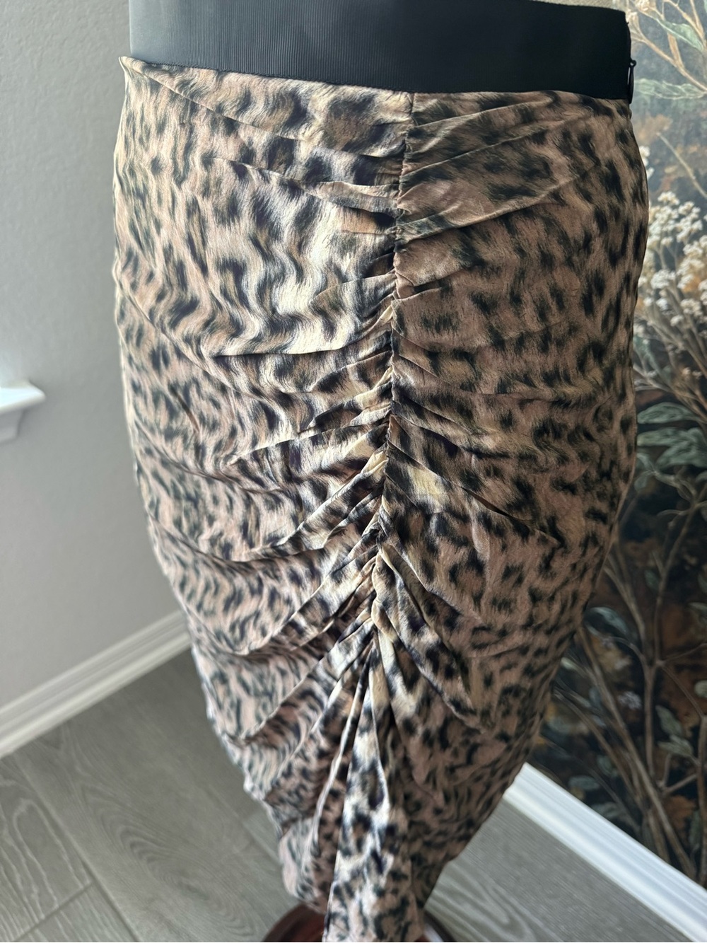 Joie Beige and Black Leopard Ruched Midi Skirt - Picture 2 of 5
